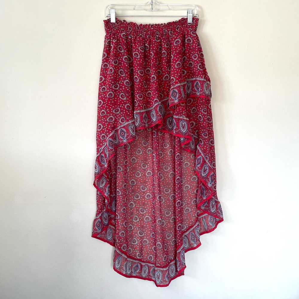 Forever 21 Red Paisley Print High Low Ruffle Layered Midi Skirt Size Medium